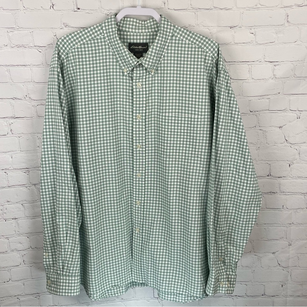 Eddie Bauer Shirt Mens XXL Casual Long Sleeve Button Up Green Check 100% Cotton